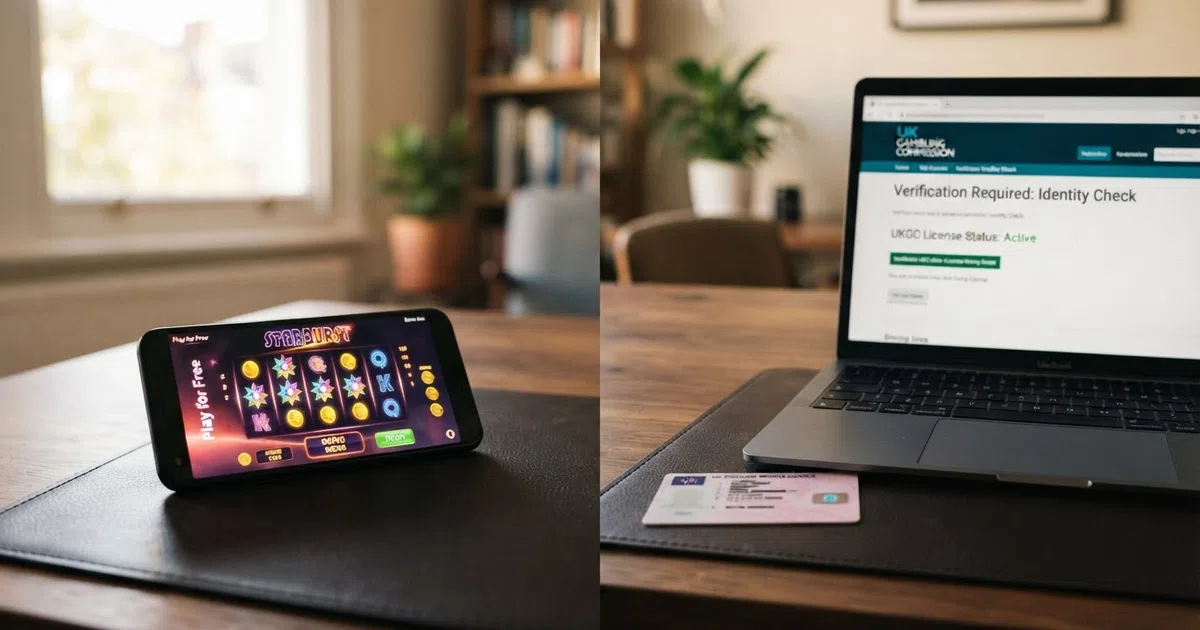 A split-screen composition: on the left, a smartphone displaying a colourful slot game in demo mode with “Play for Free” visible; on the right, a UK Gambling Commission logo beside a verification-in-progress screen on a laptop