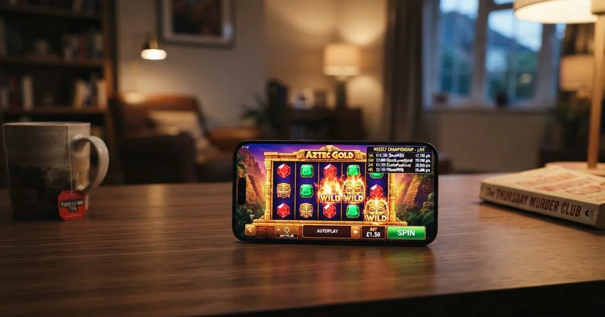 A digital slot-machine screen overlaid with a live tournament leaderboard showing player names, point totals, and prize amounts, set against a dark casino-themed background with glowing neon accents