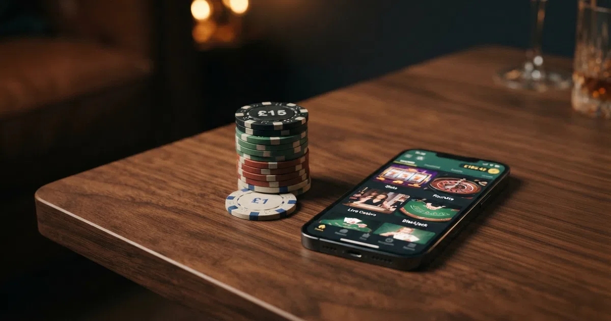 Four British coins stacked in ascending order — £1, £5, £10 and a £15 marker — on a dark background with a smartphone showing a casino lobby beside them