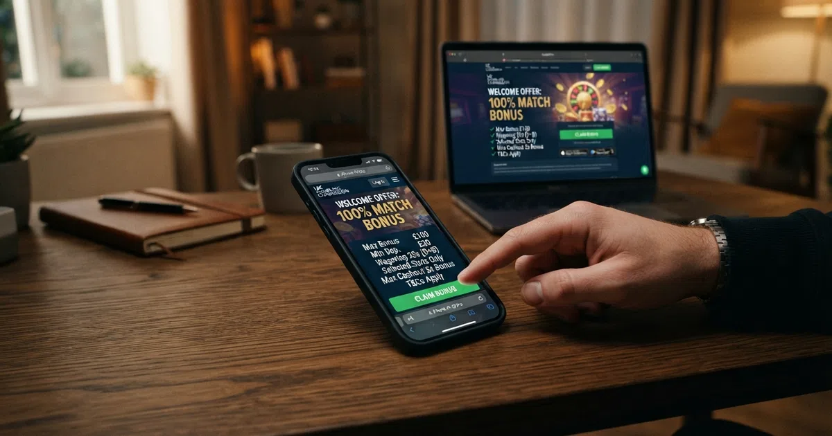 A desktop and mobile screen displaying a UK online casino welcome page with a 100% match bonus offer and key terms visible beneath the headline