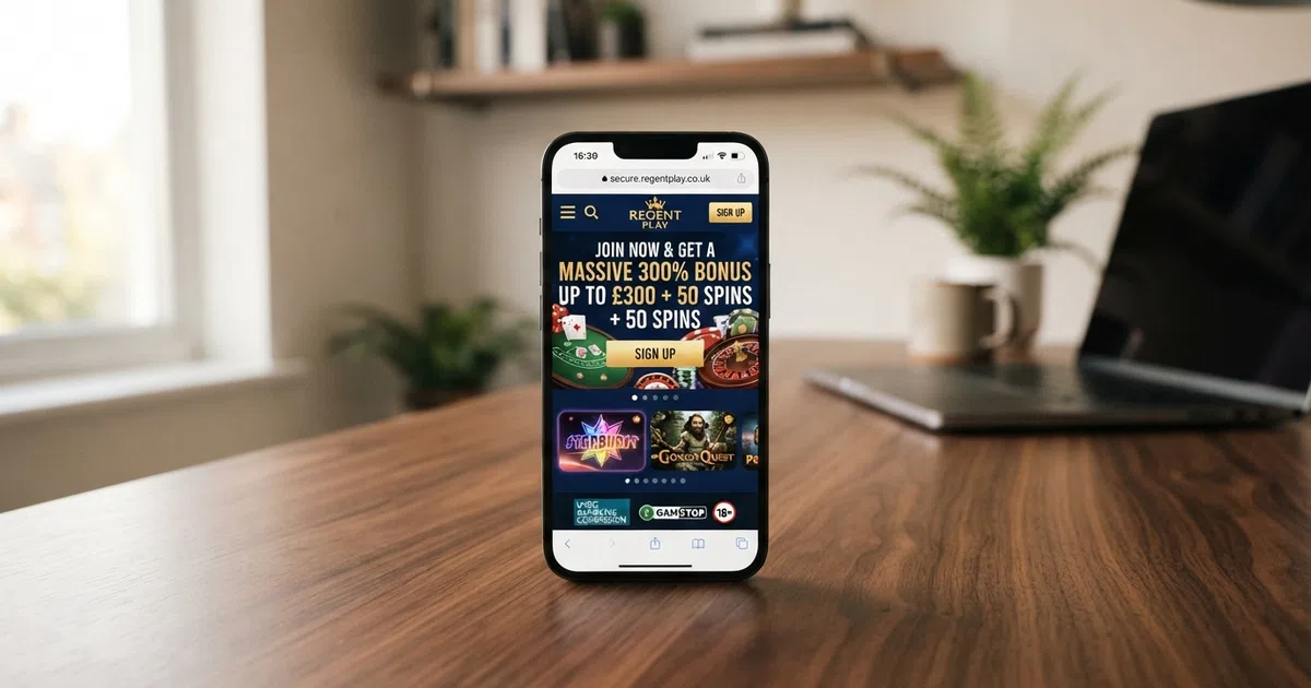 A smartphone screen showing a UK online casino welcome page with a 300% deposit bonus banner, a padlock icon in the browser bar and a Gambling Commission logo visible in the footer
