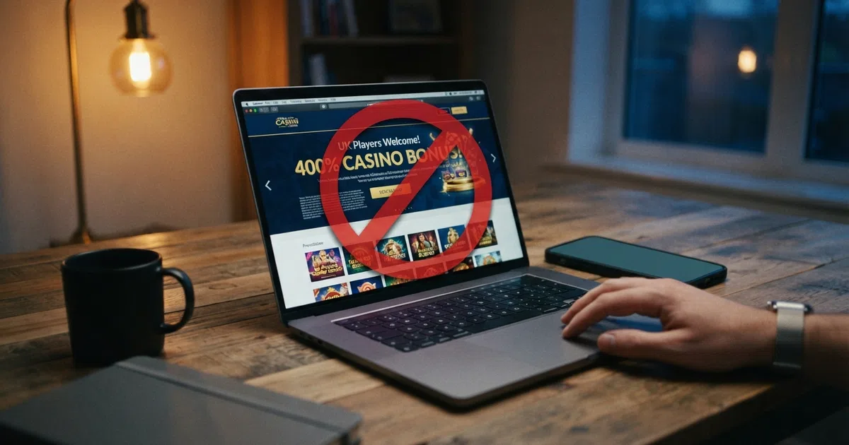 A laptop screen displaying a UK casino promotions page beside a smartphone showing the UK Gambling Commission logo, with a crossed-out “400%” badge overlaid