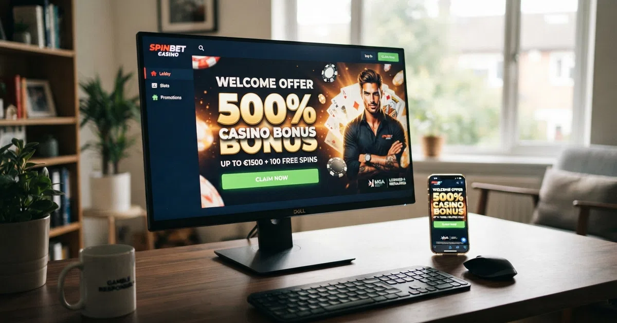 A UKGC-licensed online casino welcome screen displaying a 500% casino bonus promotional banner with terms and conditions visible beneath the headline offer