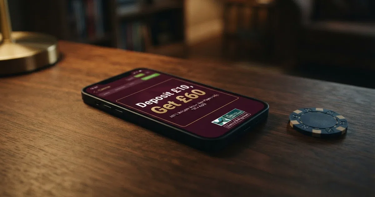 A casino app screen promoting a deposit match offer beside a UK Gambling Commission licence badge