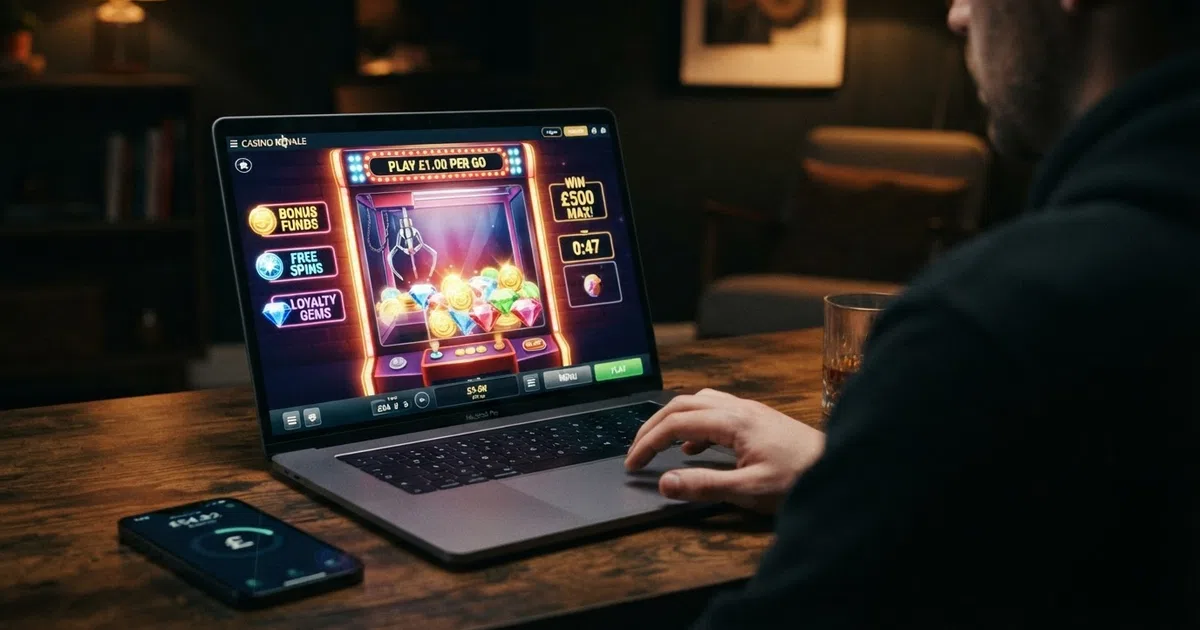 A virtual claw machine interface on an online casino screen, with prize symbols visible inside the claw grab area and a control panel to one side