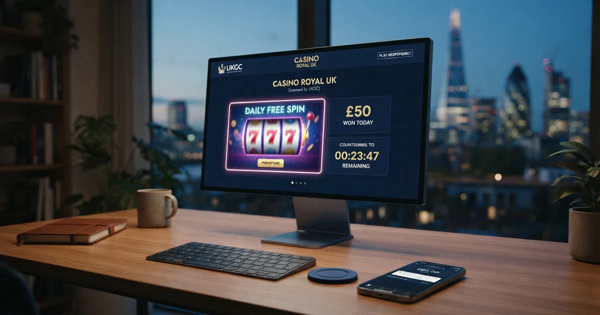 A desktop browser showing a UK online casino promotions page with a daily free-game tile, a prize counter, and a countdown timer resetting to 24 hours