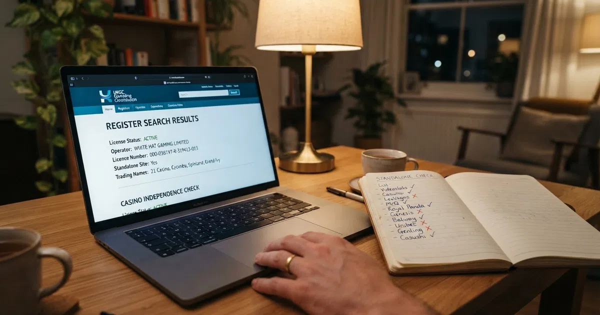 A UKGC public register search results page displayed on a laptop screen, with the licence-holder name and account number highlighted and a notebook beside the laptop listing casino brand names crossed out or ticked