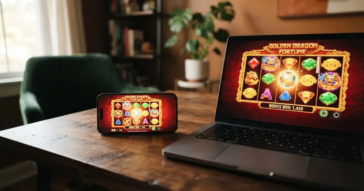 Brightly lit online slot reels on a smartphone beside a laptop screen