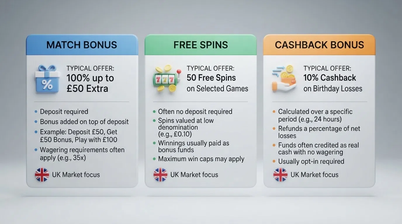 A comparison table listing ten UK casino names beside their birthday bonus types and values