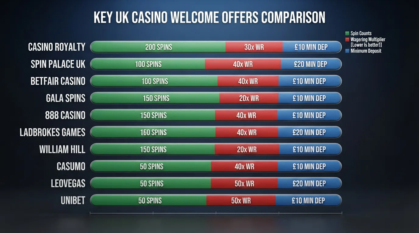 A side-by-side comparison grid showing ten UK casino welcome offers with their spin counts, wagering requirements and minimum deposits highlighted