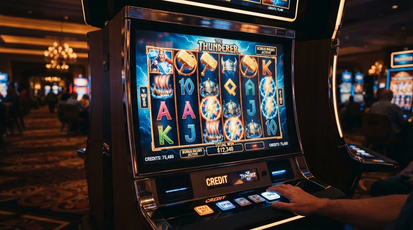 The Thunderer slot reels in mid-spin with the expanded-reel bonus round active, showing the game's 5-reel layout and medium-volatility symbol set