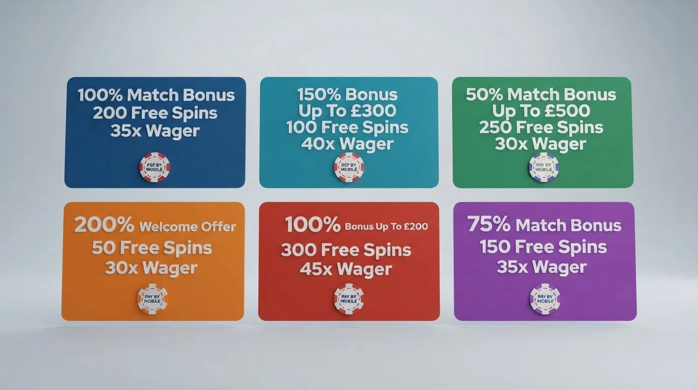 A side-by-side grid of casino welcome-offer cards showing deposit-amount match percentages free-spin counts and wagering multiples with a pay-by-mobile badge on each