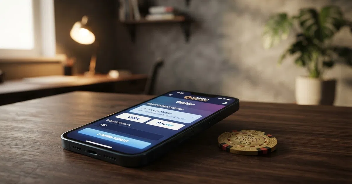 A smartphone showing an online casino cashier with the pay by mobile deposit option highlighted