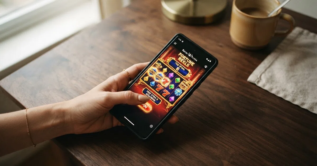 A hand holding a smartphone over a casino game screen