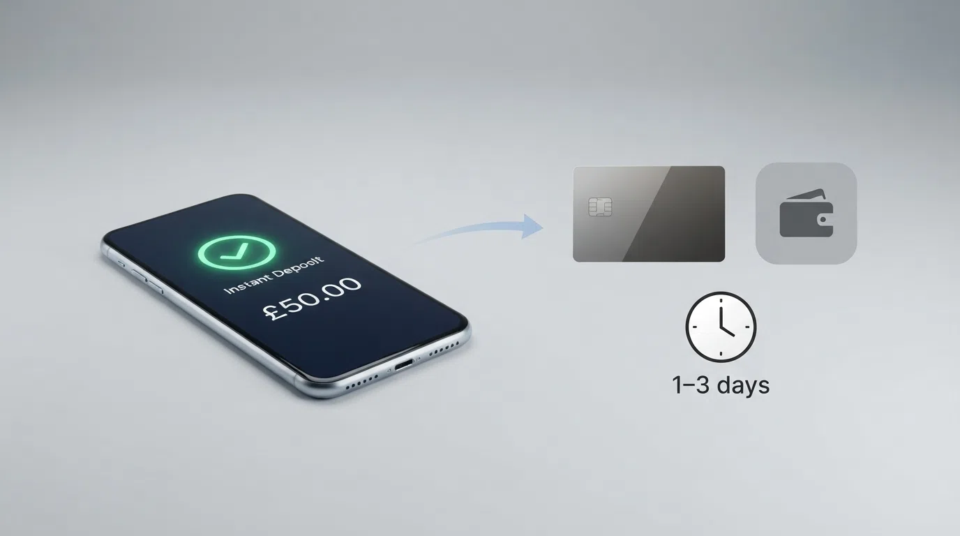 A split graphic: on the left, a phone screen showing an instant deposit confirmation with a green tick; on the right, a debit card and an e-wallet logo with a clock icon marked 1–3 days
