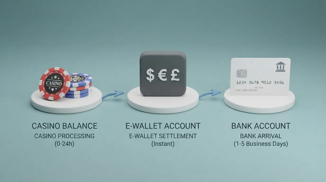 A simplified diagram showing the three-stage PayPal withdrawal journey from casino balance to PayPal account to bank account, with typical time windows labelled at each stage