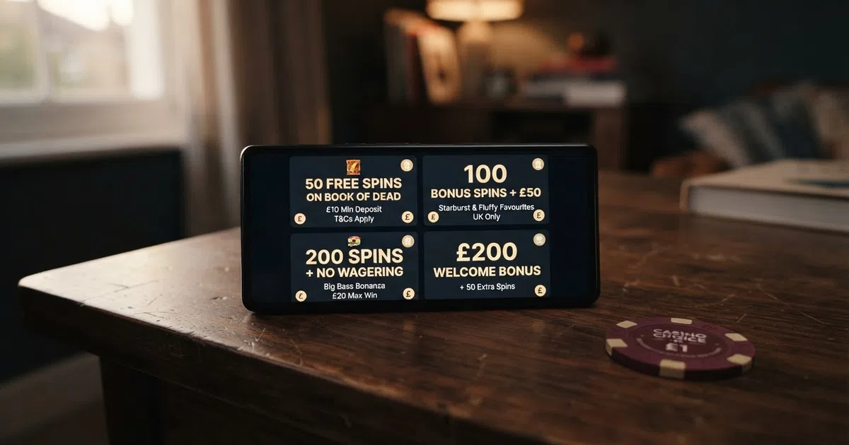 A grid of UK online casino welcome-offer banners laid out on a smartphone screen, with free-spin counts visible on each tile
