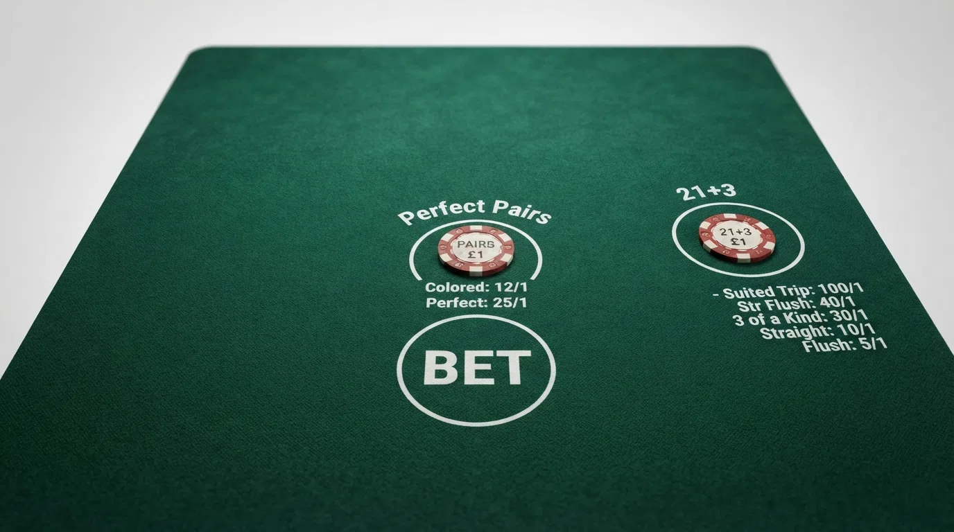 Close-up of a live blackjack table felt showing the Perfect Pairs and 21+3 side-bet circles marked beside the main betting spot