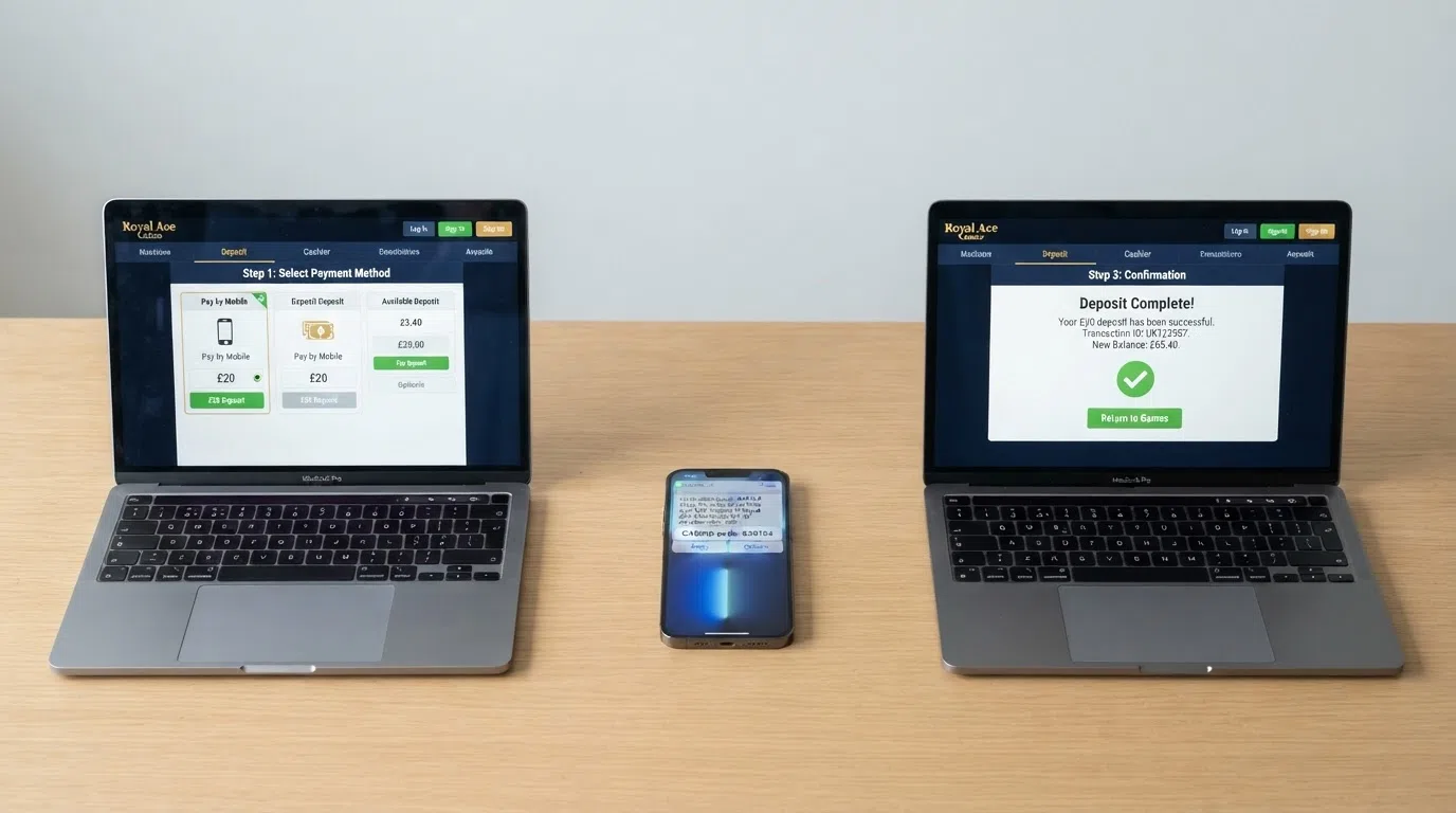A three-step illustration: a casino cashier screen with Payforit selected, a smartphone receiving an SMS verification code, and a confirmation screen showing the deposit amount added to the casino balance