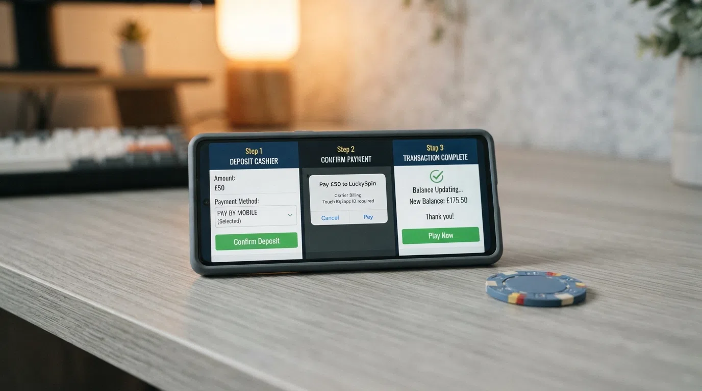 Three steps of a phone-bill deposit on a casino site with a confirmation prompt