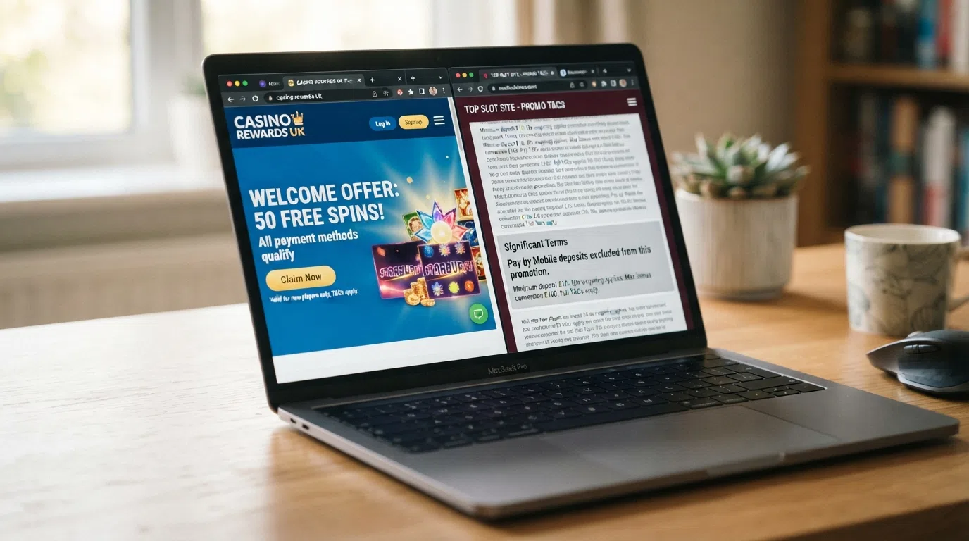 A split-screen view contrasting two UK casino promotion pages — one displaying “All payment methods qualify” with a free-spins offer, the other showing a terms box with “Pay by Mobile deposits excluded” highlighted