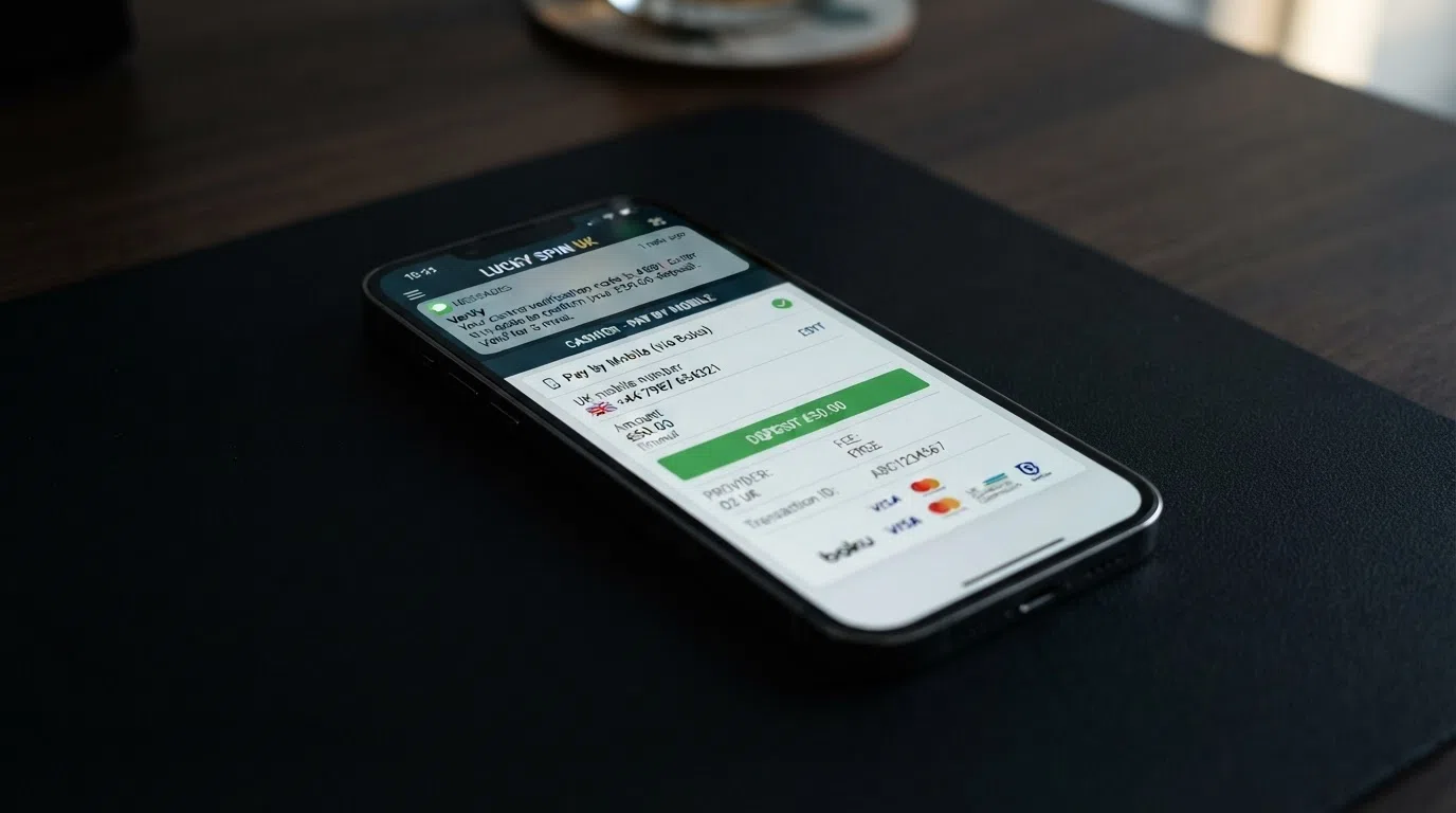 A close-up smartphone screen showing a casino cashier page with “Pay by Mobile” selected, a UK mobile number entered in the field, and an incoming SMS verification code notification at the top of the screen