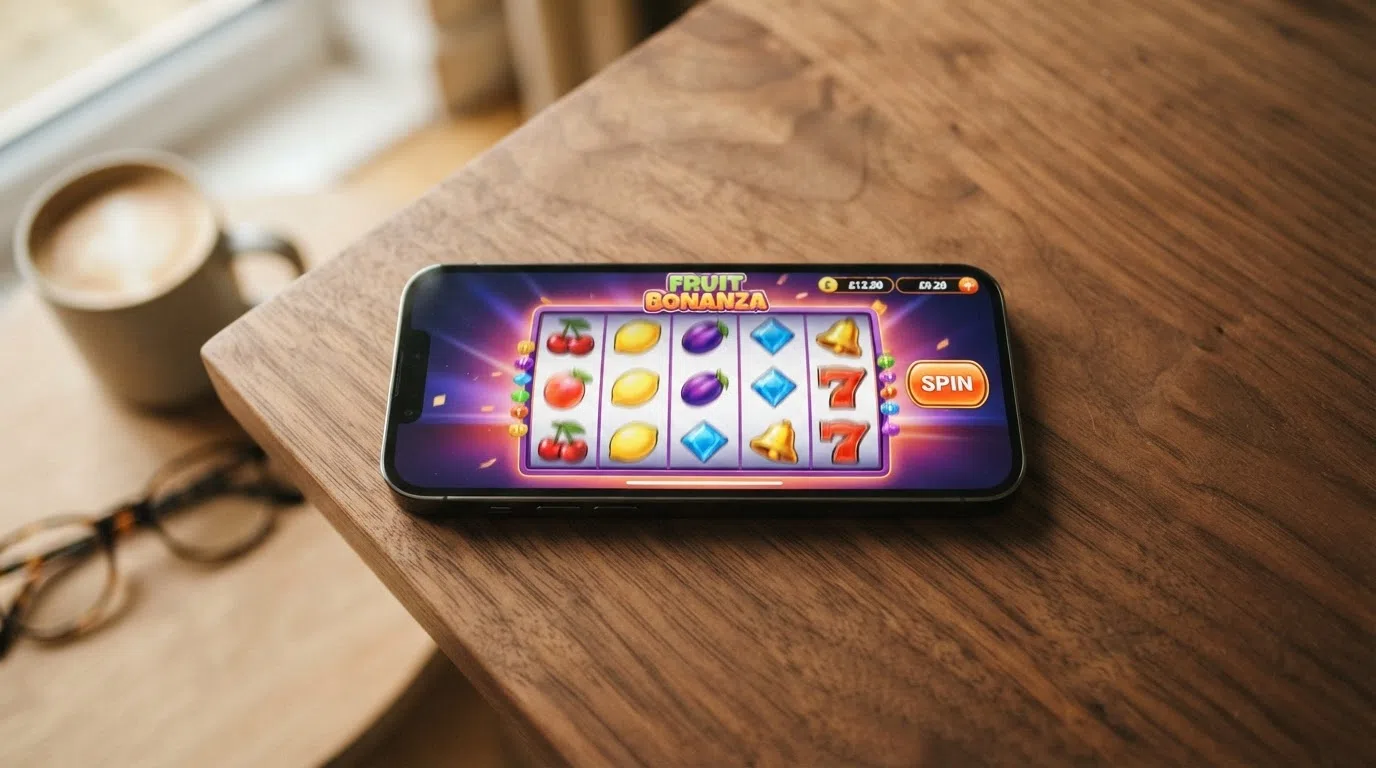 A smartphone screen displaying a slot game reels with a small deposit amount visible in the balance corner