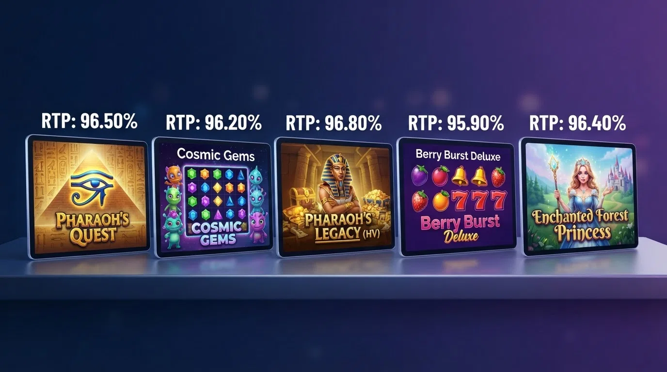Five Play'n GO slot title screens — Book of Dead, Reactoonz, Legacy of Dead, Fire Joker and Moon Princess — arranged in a row with their RTP percentages overlaid