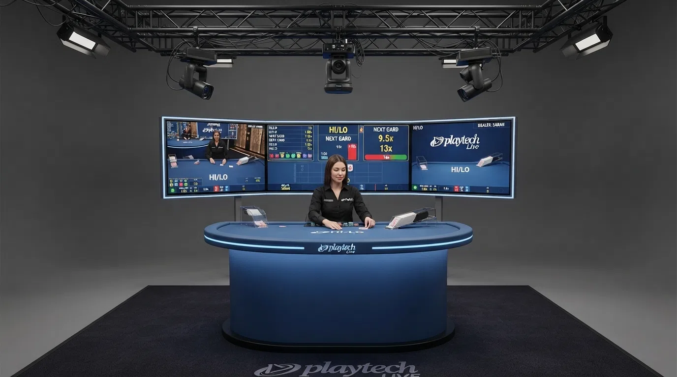 A wide shot of a Playtech-branded live casino studio with a hi-lo dealer seated at a neon-accented table, multiple camera rigs visible, and wall monitors showing different table angles
