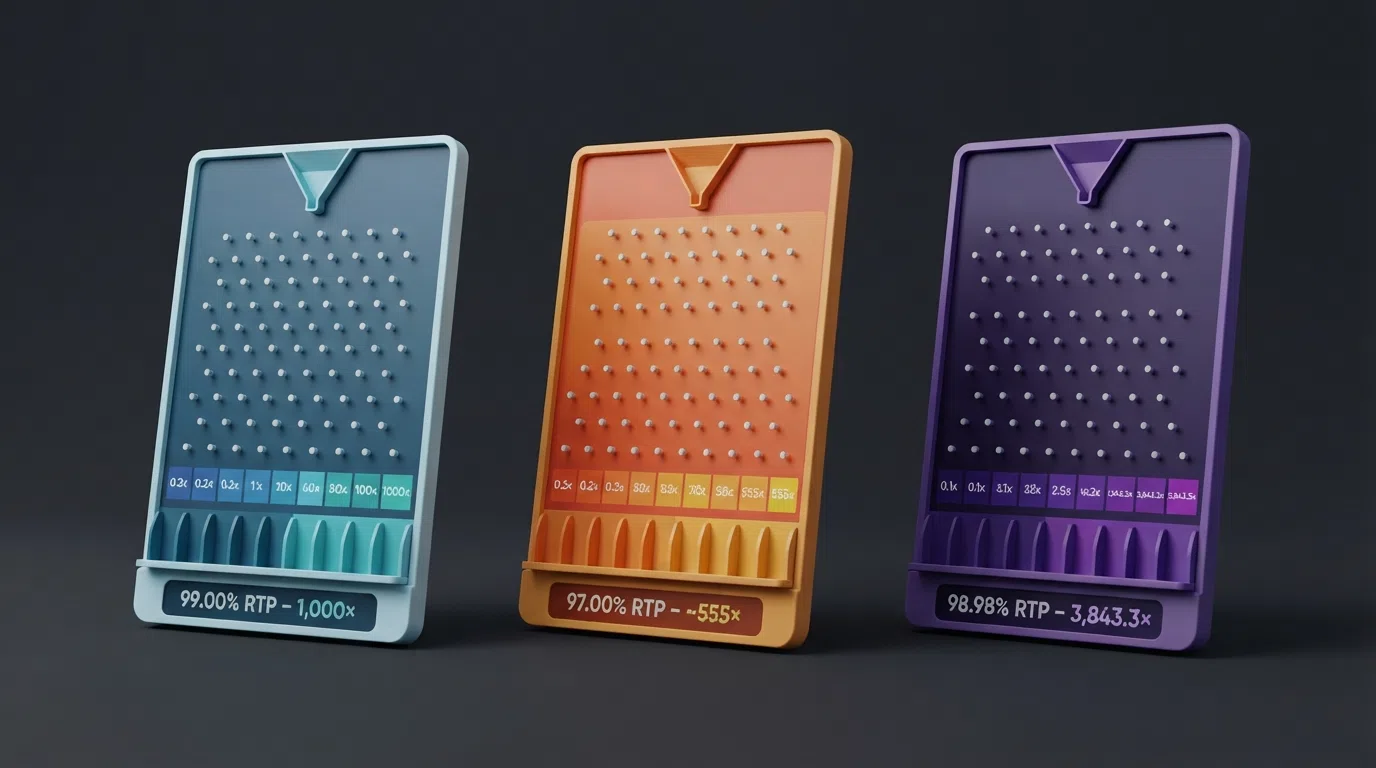 Three Plinko game interfaces shown side by side — BGaming, Spribe and Hacksaw — each with its RTP percentage and maximum multiplier displayed on screen
