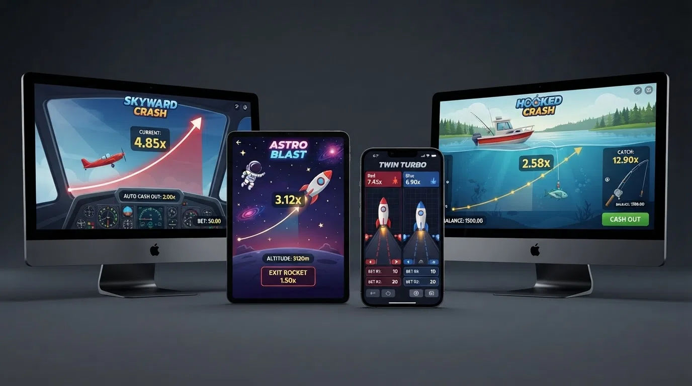 Four crash game interfaces — Aviator, Spaceman, JetX and Big Bass Crash — displayed side by side on mobile and desktop screens