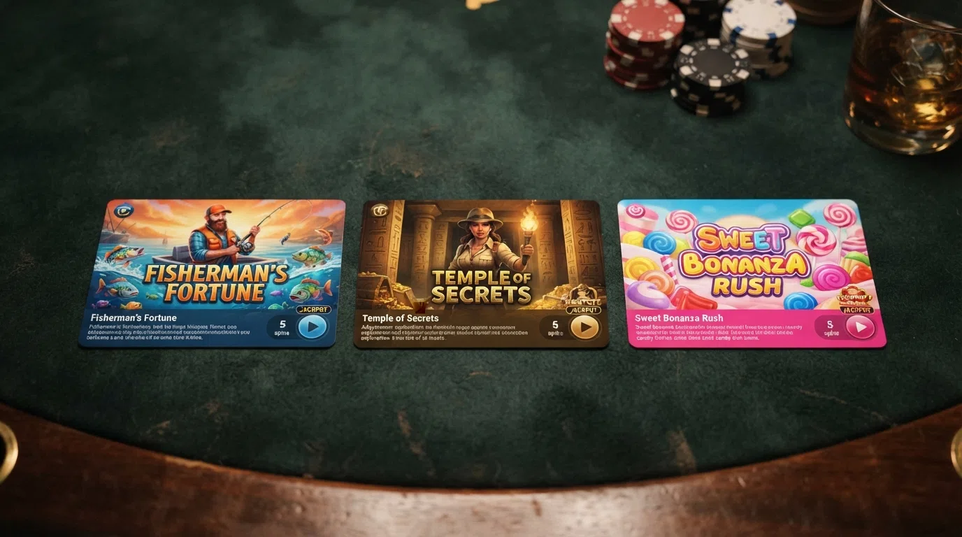 A grid of online slot title cards showing Big Bass Splash, Book of Dead and Sweet Bonanza side by side