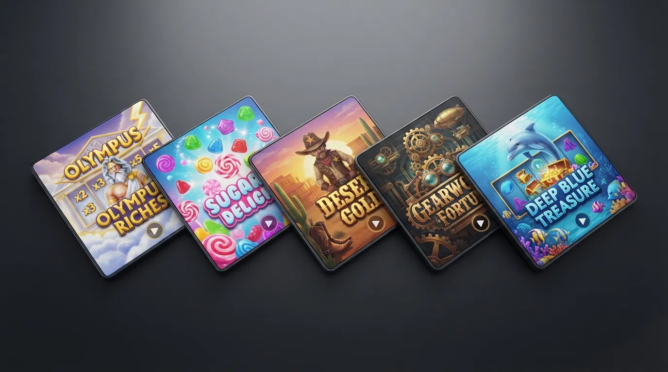 A smartphone screen displaying the title cards of five popular bonus buy slots — Gates of Olympus, Sweet Bonanza, Wanted Dead or a Wild, White Rabbit Megaways, and Big Bass Splash — arranged in a fan formation