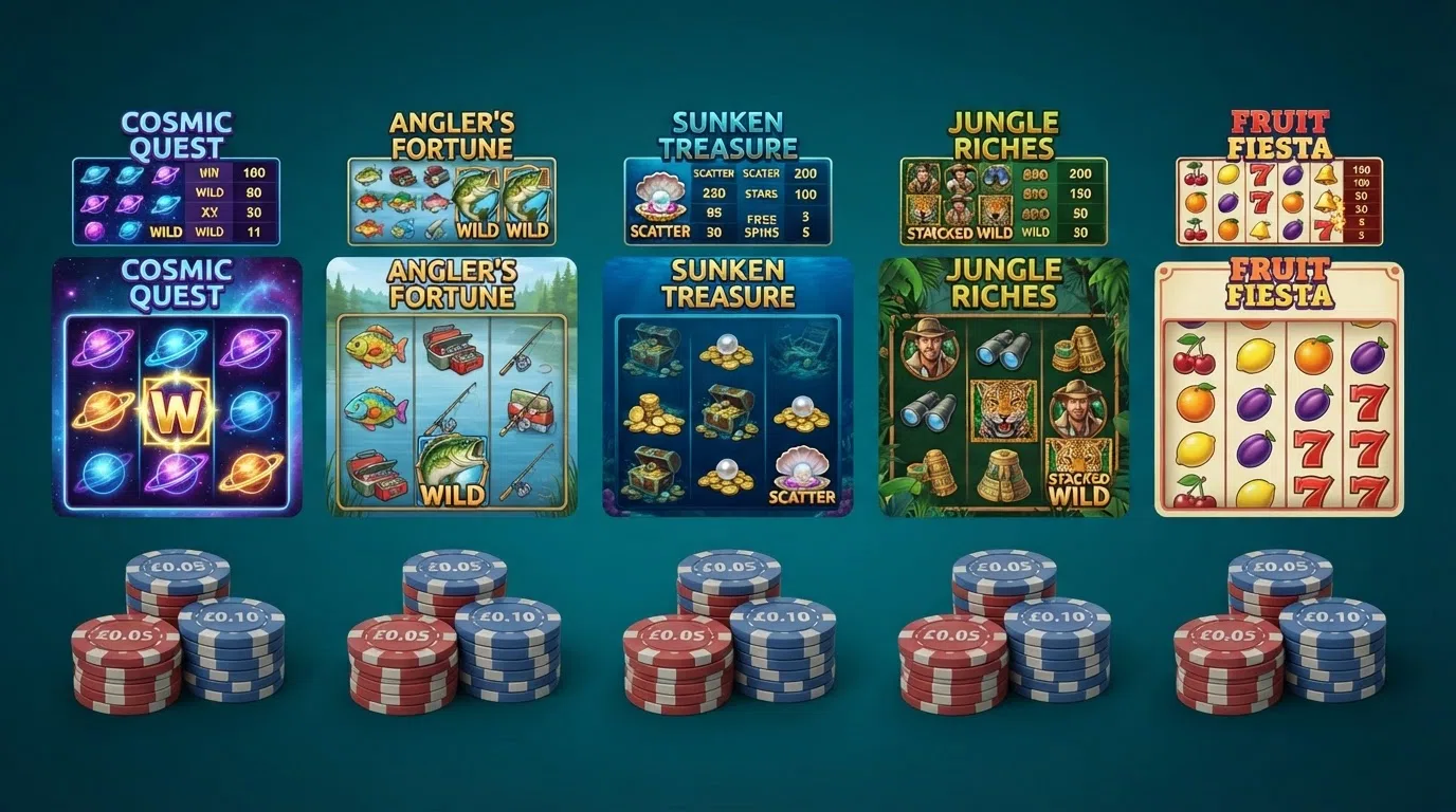 A collage of five slot-title logos — Starburst, Fishin' Frenzy, Big Bass Splash, Big Bass Bonanza and Fire Joker — arranged above chip stacks marked £0.05 and £0.10
