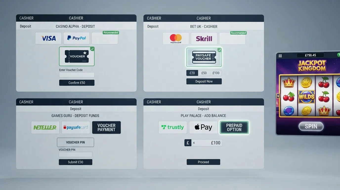 A split-screen view showing four different UK casino cashier pages, each with Paysafecard highlighted as an accepted deposit method, arranged beside a sample game lobby from one of the featured operators