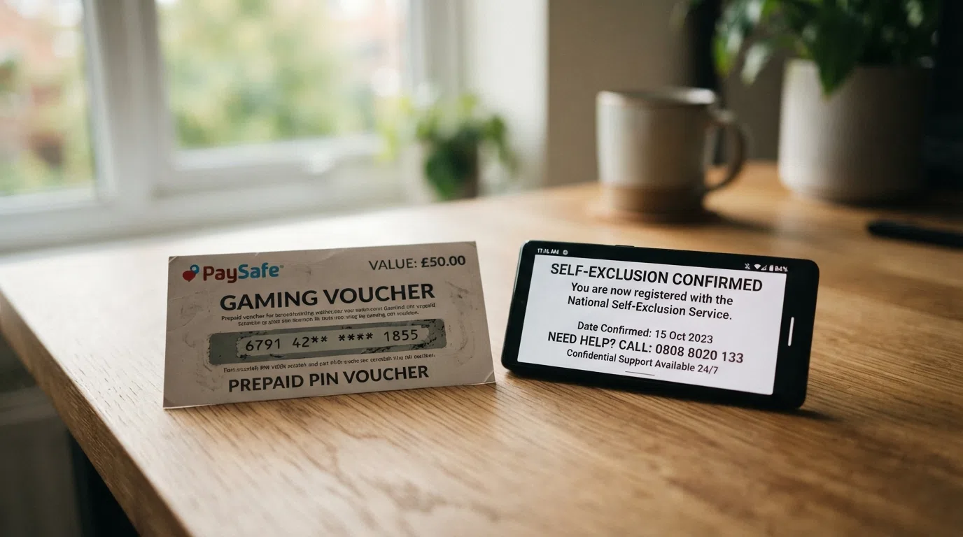 A Paysafecard voucher with its 16-digit PIN partially visible, placed next to a smartphone displaying a GAMSTOP registration confirmation screen and the GamCare National Gambling Helpline number