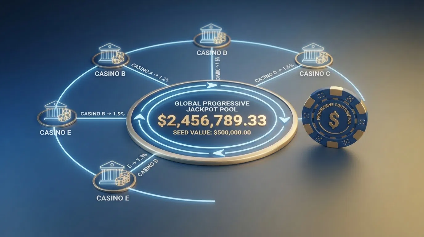 A diagram showing how bets from multiple casinos feed into a single progressive jackpot pool, with contribution percentages labelled at each stage and the seed value marked at the centre