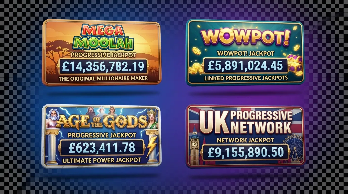 A side-by-side grid of four jackpot slot title cards — Mega Moolah, WowPot, Age of the Gods and Jackpot King — each showing its logo and network branding