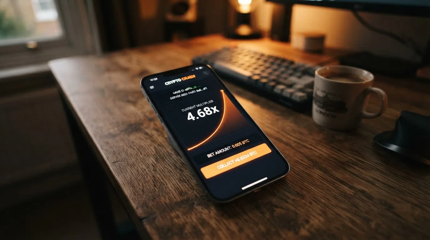 A provably fair crash-game screen displaying the multiplier curve, cash-out button, server seed hash and bet amount in Bitcoin