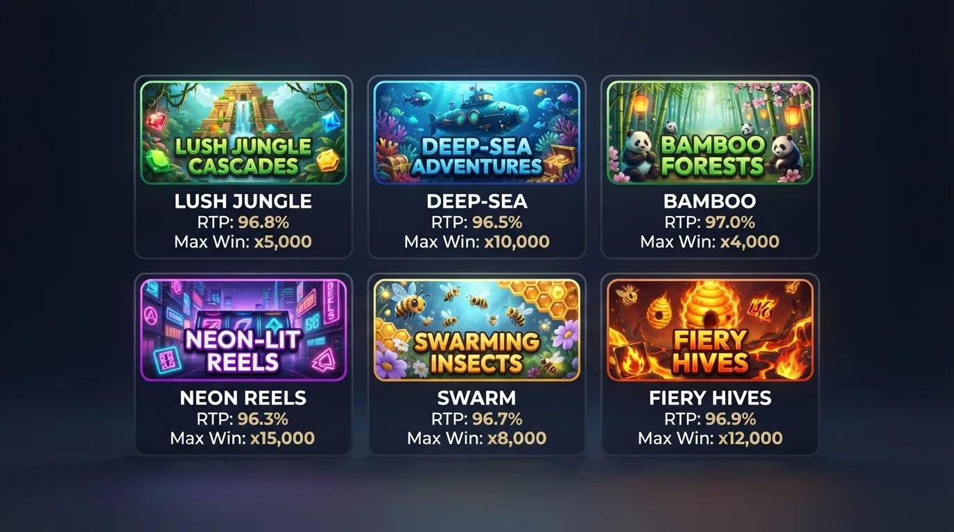 Six Push Gaming slot title cards arranged in a comparison-style grid — Jammin' Jars, Razor Shark, Big Bamboo, Razor Returns, Wild Swarm and Fire Hopper — each with its RTP percentage and max-win figure displayed beneath it