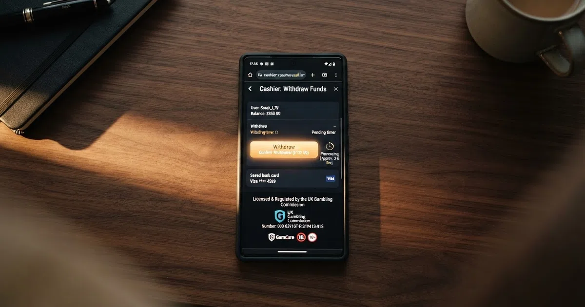 A smartphone screen showing a UK online casino cashier page with a “Withdraw” button, a pending-timer icon on the same screen, and a UKGC licence badge visible in the page footer