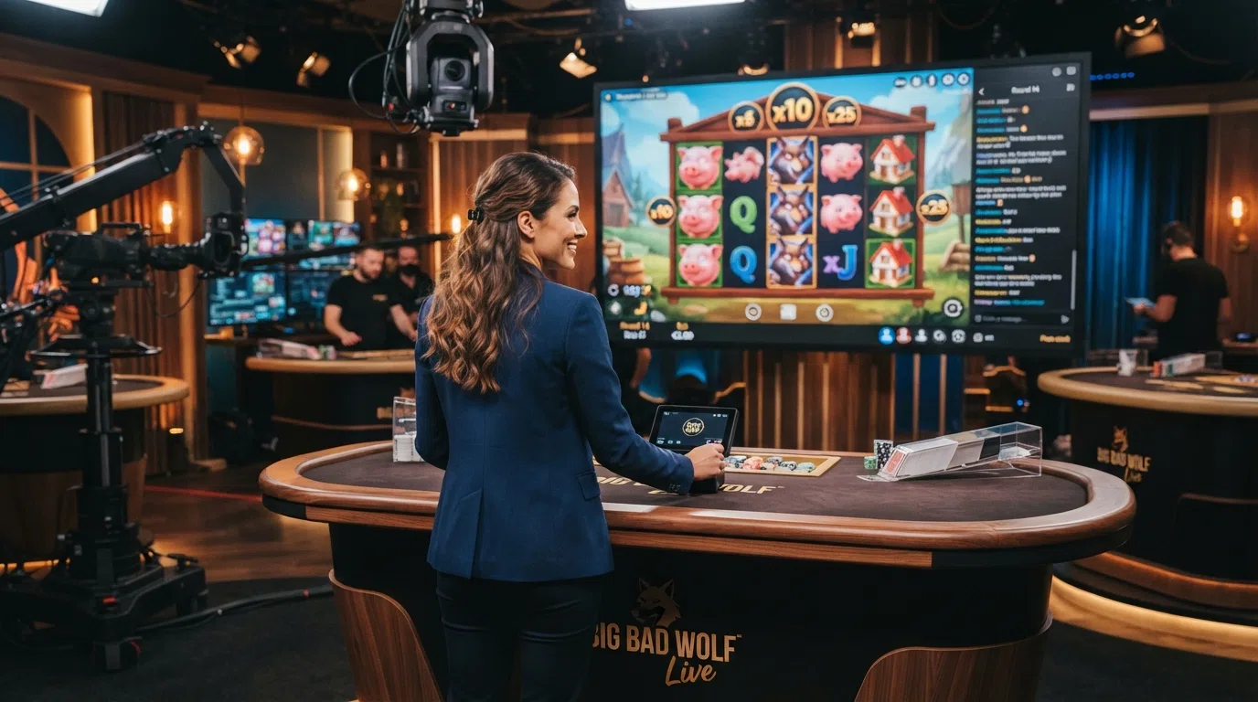 A live-dealer studio setup with a presenter at a Quickspin-branded table, multiple camera angles visible on a monitor wall