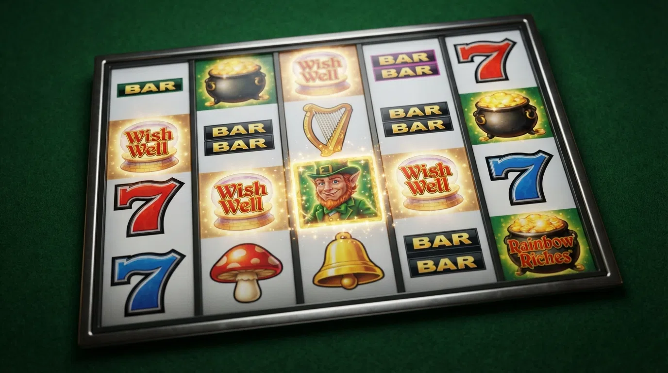 The Rainbow Riches slot grid on screen during a bonus round, showing the leprechaun symbol, the wishing-well bonus and the pot-of-gold scatter