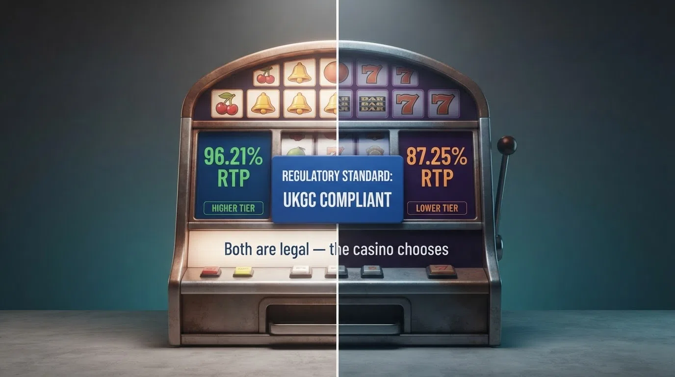 An infographic-style comparison of the same slot title (Book of Dead) showing two different RTP screens — 96.21% on one side and 87.25% on the other — with the UKGC logo and the words “Both are legal — the casino chooses” centred between them