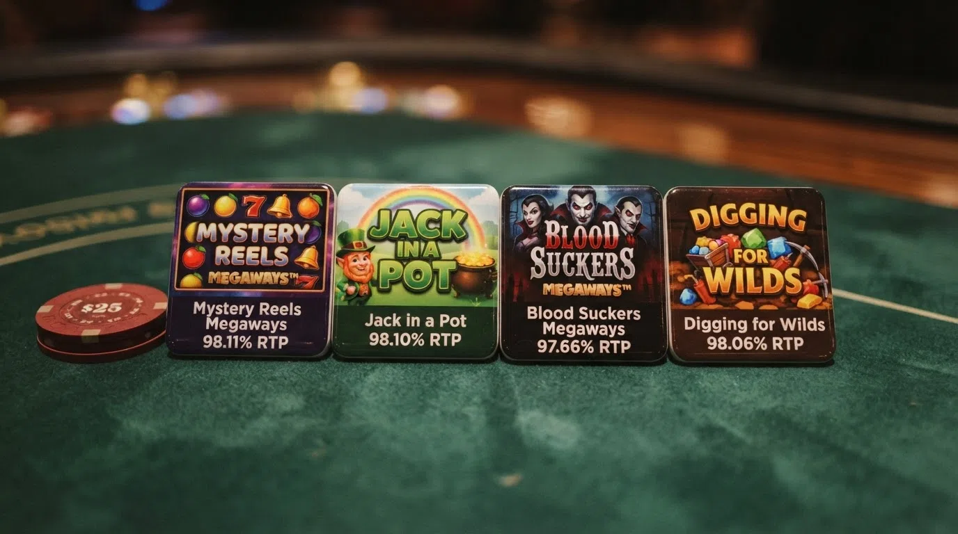 A visual lineup of the highest-RTP Red Tiger slots — Mystery Reels Megaways, Jack in a Pot, Blood Suckers Megaways, Digging for Wilds — with their RTP percentages displayed