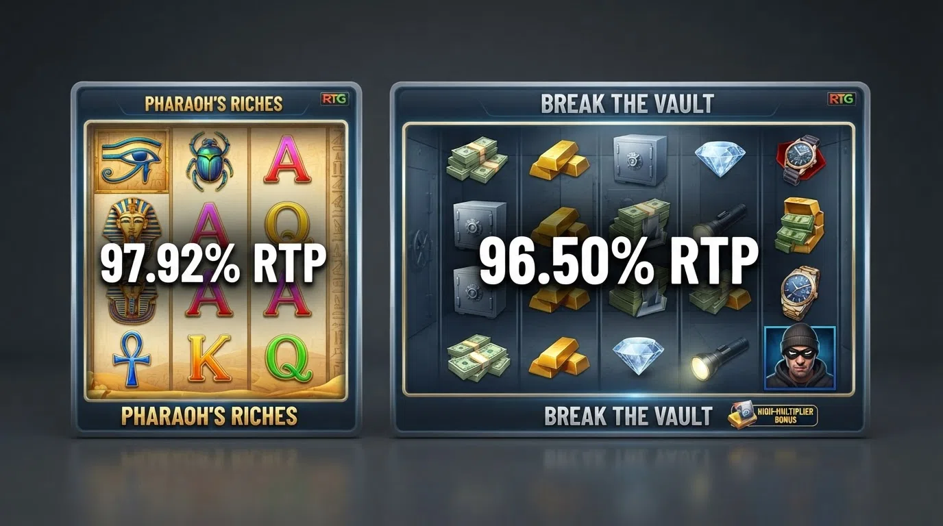 Three RTG slot reels in a split-screen layout showing Achilles Pay Dirt and Cash Bandits 3 with their RTP percentages overlaid