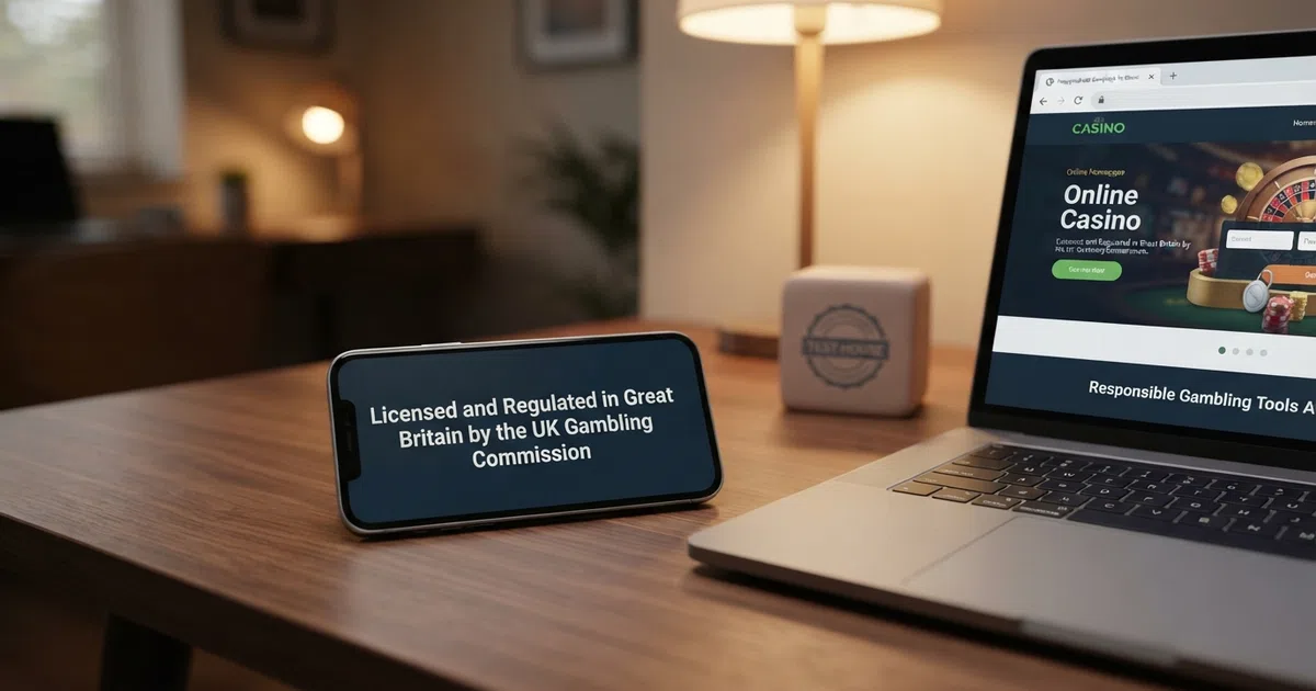 A UK Gambling Commission licence certificate displayed on screen beside a casino website homepage showing a padlock icon in the address bar and responsible gambling logos in the footer