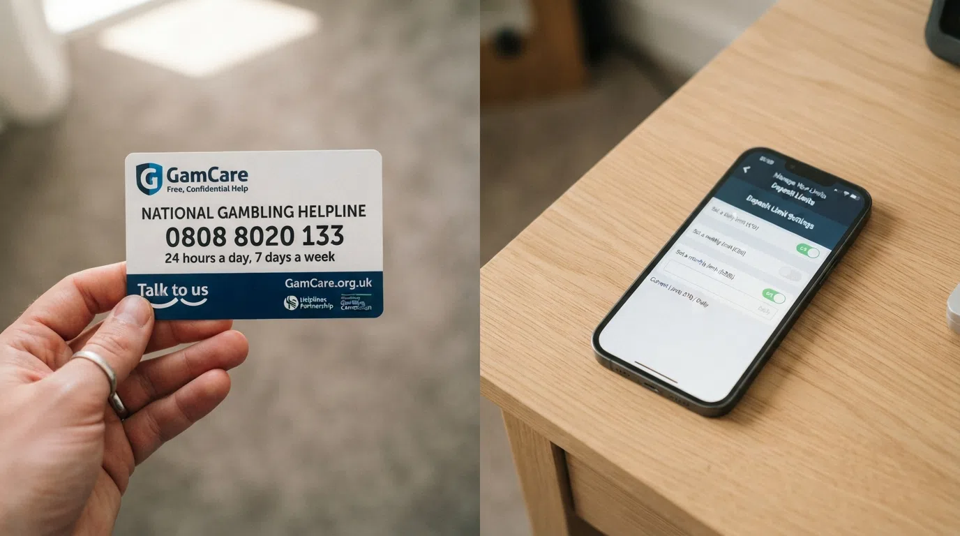 A split composition showing a GamCare National Gambling Helpline information card on one side and a smartphone displaying a casino deposit-limit settings screen on the other