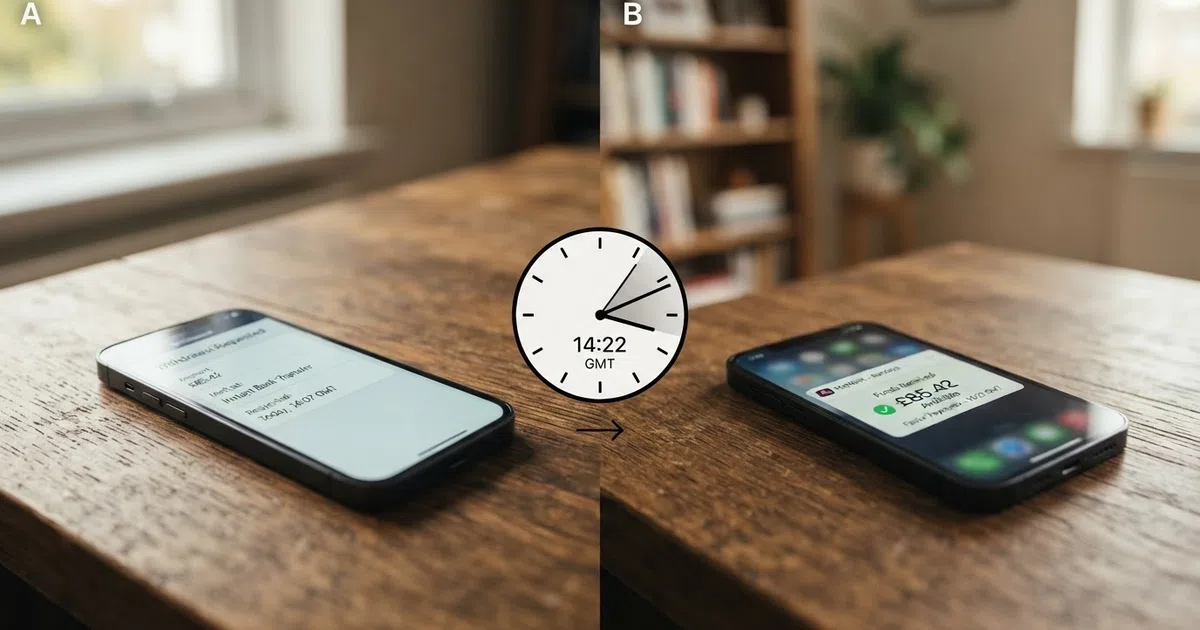 A split-frame visual: on the left, a smartphone displaying a casino withdrawal confirmation screen with a timestamp; on the right, the same phone showing a banking app notification that the funds have arrived, with a clock graphic between them marking a short interval.