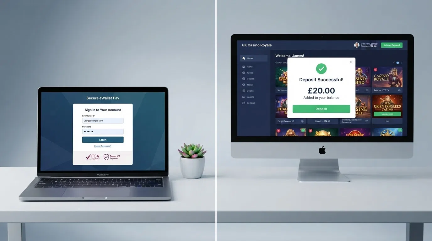 A split-screen illustration: the left side shows the Skrill login interface on a laptop, the right side shows a casino balance updating to “Deposit Successful — £20.00”